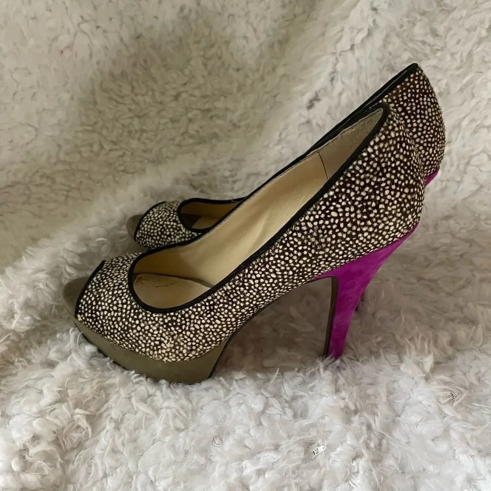 Enzo Angiolini leather calf hair beige and brown platform mauve suede heelsSZ8.5